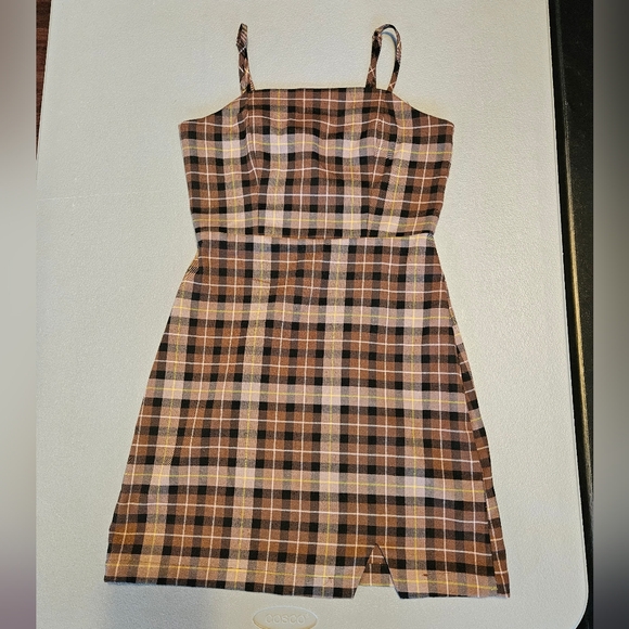 Brown Plaid Mini Dress Adjustable Straps Womens Small Y2K - Picture 1 of 9